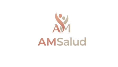 Logotipo de AMSalud con figuras humanas estilizadas en tonos naranja y beige.
